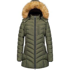 Women's Green Winter Warm Long Hooded Puffer Jacket Coat Fabric Waterproof